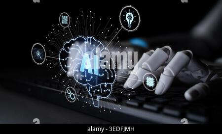 Artificial intelligence models neural signals for deep learning and cognitive computing. Train artificial intelligence to improve recognition Stock Photo