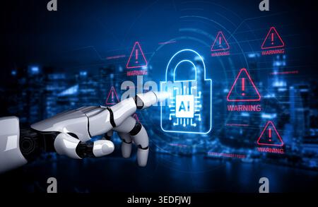 A futuristic robot hand points at a glowing AI security lock amidst warning alerts in a digital landscape. This image symbolizes the intersection of Stock Photo