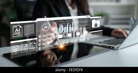 A business professional engages with a digital interface showcasing data analysis, AI graphics, and security elements in a contemporary office. Gantry Stock Photo