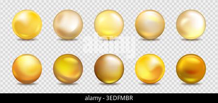 Metallic gold sphere with reflective surface. Glossy golden ball isolated on white background. 3D rendered chrome orb with realistic shine and shadow Stock Vector