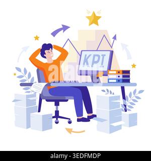 Great job. Office employee satisfied with productivity. All tasks completed on time. Vector illustration for success concept. Stock Vector