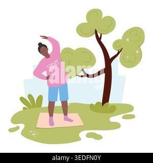 Outdoor workout. Woman doing exercises on yoga mat in park. Flat vector illustration for fitness, morning routine in nature. Stock Vector