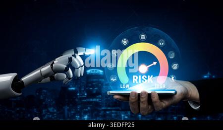 Futuristic Robot Hand Points at Risk Meter with a Human Hand Holding Mobile Device in a High-Tech Environment Fluxor. Stock Photo