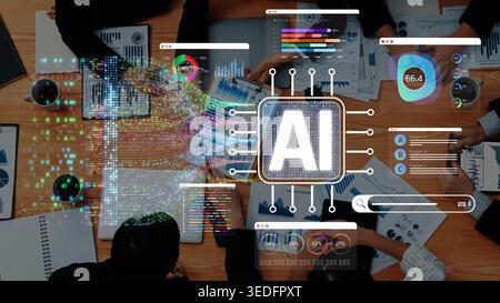 Aerial View of Business Team Collaborating on AI Technology Strategy with Data Visualizations and Digital Interfaces on Table Sigmoid Stock Photo