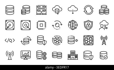 Big Data Storage Computing Server and Network Hardware Line Icon Set Stock Vector