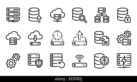 Big Data Center Computing and Database Management Line Icon Set Stock Vector