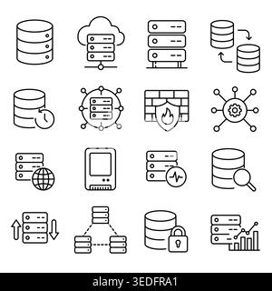 Cloud Computing Data Server and Network Database Security Line Icon Set Stock Vector