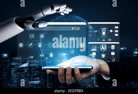 A Futuristic Robotic Hand Interacting with Digital Screens and Globe Over a Business Hand Holding Smartphone in a High-Tech Environment Fluxor. Stock Photo