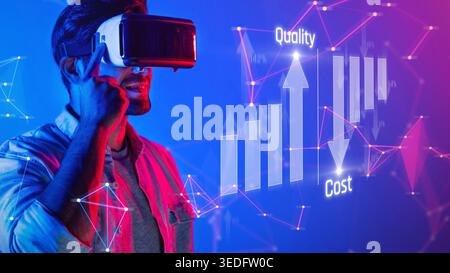 A man engages with a virtual reality headset, exploring growth in quality and cost represented through colorful data visualizations, merging Stock Photo