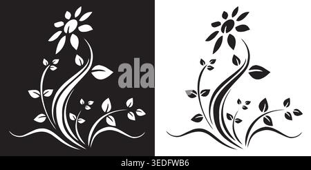 Black and White Italic Floral Swirl Vector Illustration with Elegant Curving Vine and Flower Silhouette on Dual Background Stock Vector