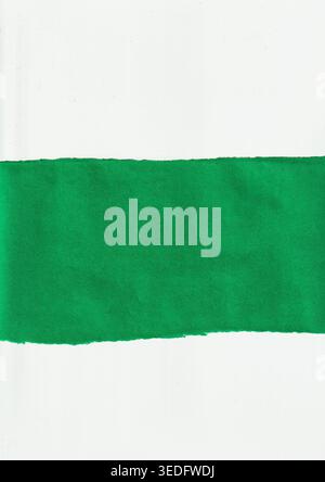 Green paper strip with a torn paper edge on a white background. Textured vibrant green surface for creative minimalist design, collage, paper craft an Stock Photo