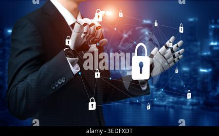 A businessman in a sleek suit interacts with digital lock symbols, emphasizing themes of cybersecurity and advanced technology in a modern business Stock Photo