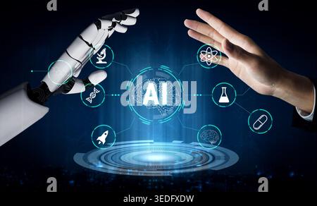 Futuristic Concept of Artificial Intelligence and Human Collaboration with Robotic Arm and Human Hand Reaching Towards AI Symbols on Digital Stock Photo