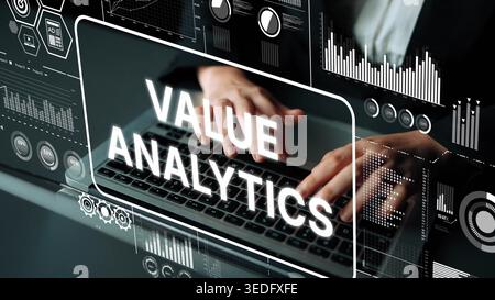 Hands on Keyboard with Value Analytics Text and Data Visualization for Business Insights and Analysis in Digital Environment. Asymptotic smart data Stock Photo