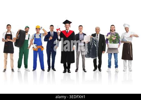 Graduate student and men of various professions on white background. Career choice Stock Photo