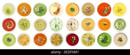 Different tasty soups in bowls isolated on white, collage. Top view Stock Photo