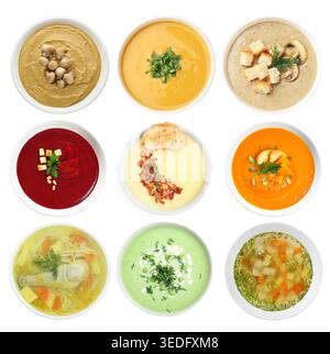 Different tasty soups in bowls isolated on white, collage. Top view Stock Photo