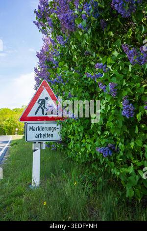 A traffic sign for a construction zone and an additional sign reading “Road marking work” Stock Photo