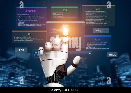 A robotic hand points to programming languages on a digital display, symbolizing the intersection of technology and innovation in software development Stock Photo