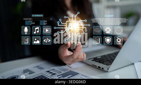 Concept of artificial intelligence innovation with glowing light bulb and digital interface showcasing AI capabilities and applications in modern Stock Photo