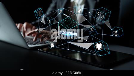 Engaging Digital Interface Showcasing Blockchain Technology Concepts with Business Professional in Modern Workspace Setting Quark. Stock Photo