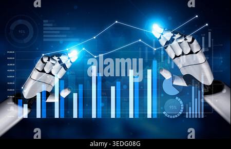 A detailed image of robotic hands interacting with data graphs and digital visuals, illustrating the fusion of technology and data analysis in a Stock Photo