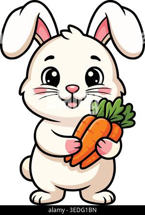 Cute baby white bunny cartoon character holding carrots with a happy smile and big glossy eyes Stock Vector