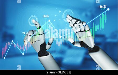 Futuristic robotic hands integrating with financial data visualization, demonstrating technology in finance and analytics, seamless interaction Stock Photo