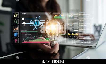 Innovative Light Bulb Concept with AI Data Visualization and Business Graphics in Modern Workplace Environment Fluxor. Stock Photo