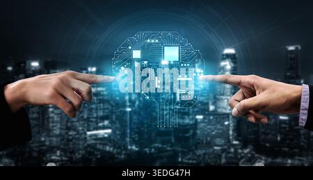 Conceptual image of two hands reaching toward a glowing digital brain symbolizing artificial intelligence and technology connection against a Stock Photo