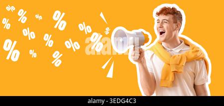 Young man with megaphone on yellow background. Discount concept Stock Photo