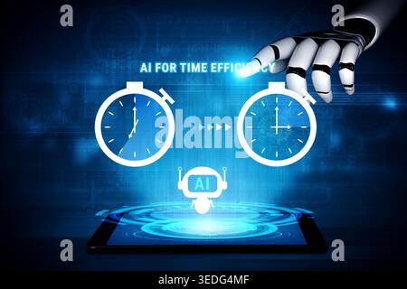 Futuristic Concept Illustrating AI Technology Enhancing Time Efficiency with Countdown Clocks and Robotic Hand Interacting with Digital Tablet Stock Photo