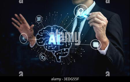 Artificial intelligence models neural signals for deep learning and cognitive computing. Train artificial intelligence to improve recognition Stock Photo