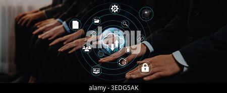 Hands of Business Professionals Engaged in Digital Innovation with Futuristic Technology Icons Representing Connectivity and Security Concepts Quark. Stock Photo