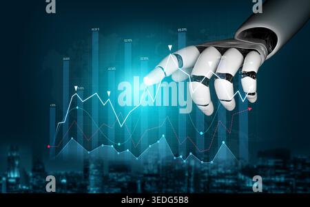 A futuristic robotic hand points at digital financial graphs, showcasing the intersection of technology and finance, emphasizing data analysis and Stock Photo