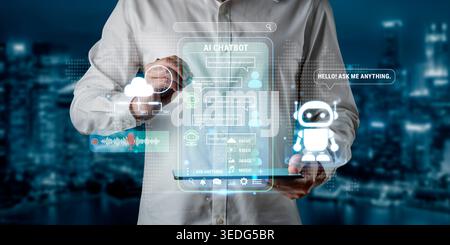 Innovative Interaction with AI Chatbot Technology in a Futuristic Urban Environment, Showcasing Digital Communication and User Engagement Fluxor. Stock Photo