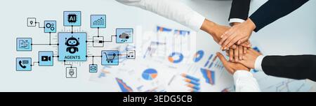 AI agents orchestrate workflows across prompts, media, email and analytics. AI coordinates tasks, strengthens operations, and improves efficiency for Stock Photo