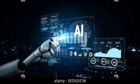 Futuristic robotic hand interacting with digital AI interface and data visualization graphics in a high-tech environment with glowing elements Fluxor. Stock Photo