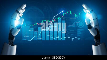 This image showcases futuristic robotic hands presenting a digital representation of financial growth with market charts, highlighting innovation and Stock Photo