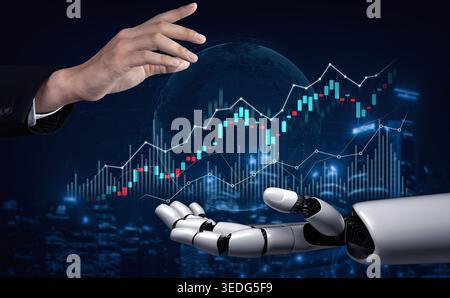 A conceptual image showcasing a robotic hand reaching for a human hand, overlaid with a financial chart, symbolizes the blend of technology and Stock Photo