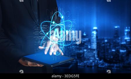 Futuristic Businessman Holding Tablet with AI Symbol Overlaid on City Background Depicting Innovation, Technology and Data Transformation in Modern Stock Photo