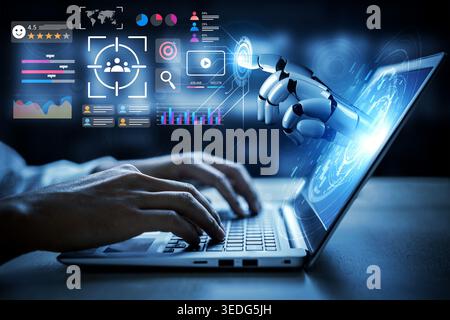A futuristic scene showcasing a human hand typing on a laptop while a robotic hand interacts with a data interface on the screen, symbolizing Stock Photo