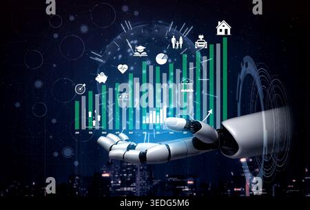 Futuristic robotic hand displaying growth charts and digital icons representing technology, finance, and urban life in a smart city environment Quark. Stock Photo