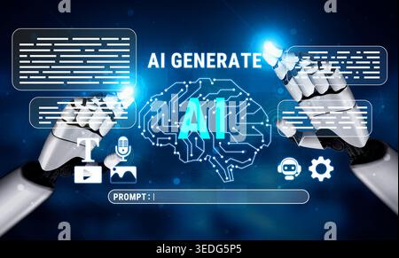 Futuristic Robot Hands Interacting with AI Interface and Digital Brain Technology in a High-Tech Environment Haptic. Stock Photo
