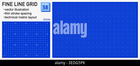Blueprint grid system fine line geometry, zoom detail view. Thin stroke structure demonstration, engineering diagrams dashboards planning layouts interface systems digital graphics. Stock Vector