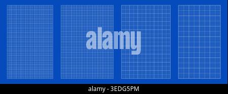 Blueprint grid set millimeter node geometry, four scale variations. Wide medium dense micro spacing comparison, engineering layouts dashboards notebook pages interface planning systems graphics. Stock Vector