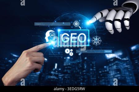 Digital marketing concept featuring GEO strategy. Generative AI search visual shows GEO interface integrating intelligence, logic, and AI input system Stock Photo