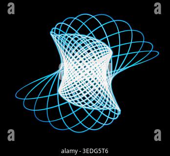 Abstract geometric light painting created with glowing blue circular patterns against a dark black background. Long exposure photographic artwork feat Stock Photo