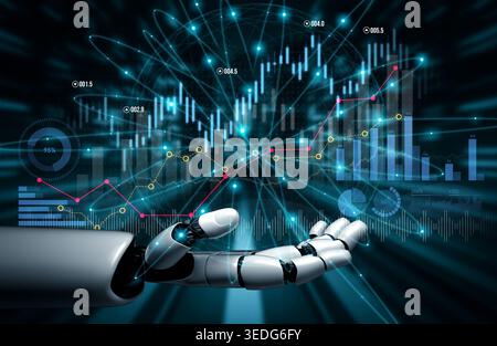A robotic hand interacts with dynamic financial charts and graphs, representing the intersection of technology and analytics in modern business Stock Photo