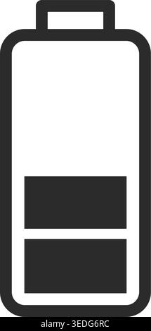 Minimal black and white battery icon with half charge level indicated by two bars. Clean simple design with clear shape and balanced proportions. Isol Stock Vector